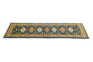 Blue Geometric 3X8 Kazak Oriental Runner Rug