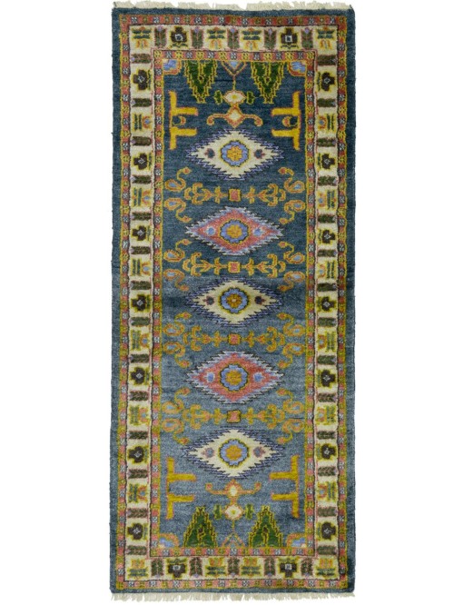 Steel Blue Geometric 2'8X6'5 Kazak Oriental Runner Rug