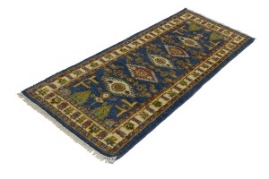Blue Geometric 2'7X6'4 Kazak Oriental Runner Rug