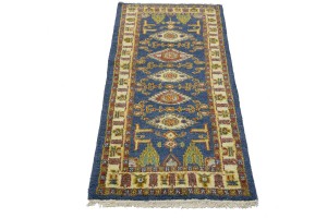 Blue Geometric 2'7X6'4 Kazak Oriental Runner Rug