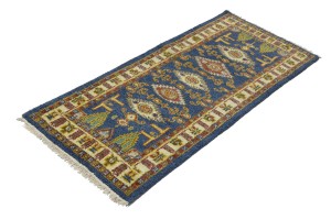 Blue Geometric 2'7X6'4 Kazak Oriental Runner Rug