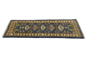 Blue Geometric 2'7X6'4 Kazak Oriental Runner Rug