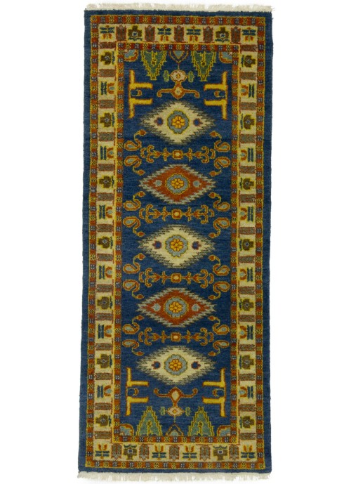 Blue Geometric 2'8X6'8 Kazak Oriental Runner Rug