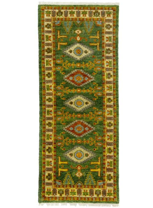 Green Geometric 2'7X6'7 Kazak Oriental Runner Rug