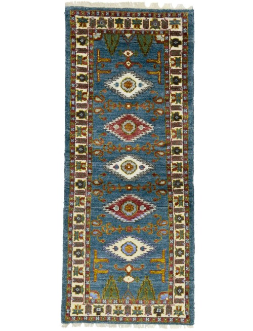 Steel Blue Geometric 2'8X6'7 Kazak Oriental Runner Rug