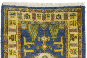 Blue Geometric 2'8X6'4 Kazak Oriental Runner Rug