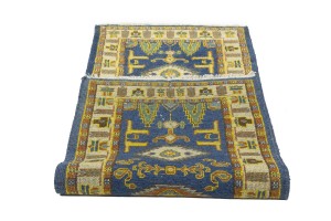 Blue Geometric 2'8X6'4 Kazak Oriental Runner Rug