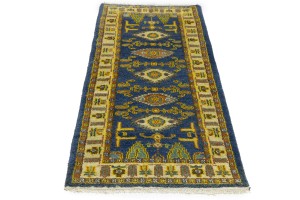 Blue Geometric 2'8X6'4 Kazak Oriental Runner Rug