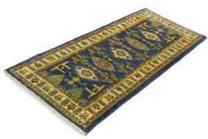 Blue Geometric 2'8X6'4 Kazak Oriental Runner Rug