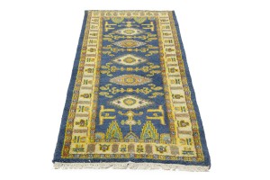 Blue Geometric 2'8X6'4 Kazak Oriental Runner Rug