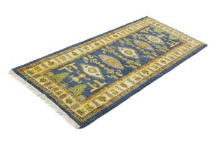 Blue Geometric 2'8X6'4 Kazak Oriental Runner Rug