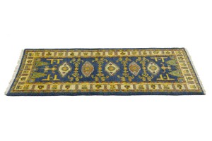 Blue Geometric 2'8X6'4 Kazak Oriental Runner Rug