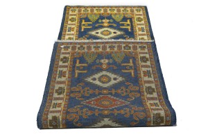 Blue Geometric 3X8 Kazak Oriental Runner Rug