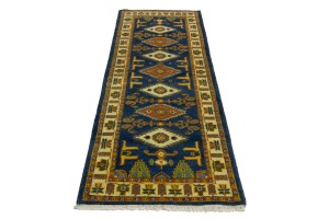 Blue Geometric 3X8 Kazak Oriental Runner Rug