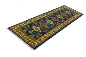 Blue Geometric 3X8 Kazak Oriental Runner Rug