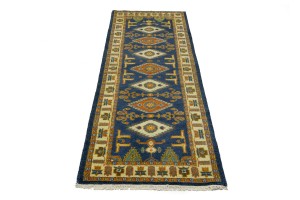 Blue Geometric 3X8 Kazak Oriental Runner Rug