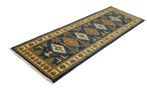 Blue Geometric 3X8 Kazak Oriental Runner Rug