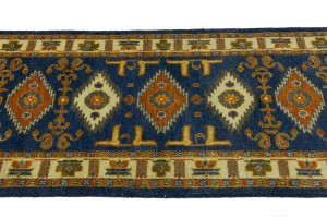 Blue Geometric 3X8 Kazak Oriental Runner Rug