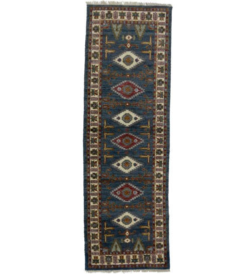 Gray Geometric 3X8 Kazak Oriental Runner Rug