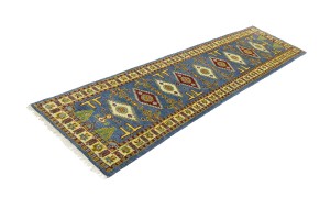 Blue Geometric 2'5X9'7 Kazak Oriental Runner Rug