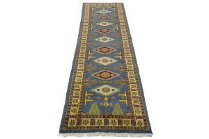 Blue Geometric 2'5X9'7 Kazak Oriental Runner Rug