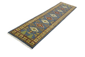 Blue Geometric 2'5X9'7 Kazak Oriental Runner Rug