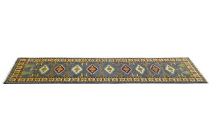 Blue Geometric 2'5X9'7 Kazak Oriental Runner Rug