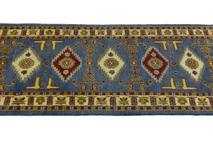 Blue Geometric 2'5X9'7 Kazak Oriental Runner Rug