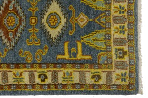 Blue Geometric 2'8X9'5 Kazak Oriental Runner Rug