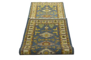 Blue Geometric 2'8X9'5 Kazak Oriental Runner Rug