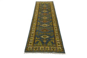 Blue Geometric 2'8X9'5 Kazak Oriental Runner Rug