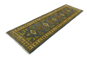 Blue Geometric 2'8X9'5 Kazak Oriental Runner Rug