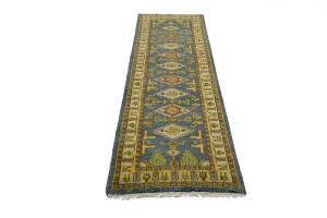 Blue Geometric 2'8X9'5 Kazak Oriental Runner Rug