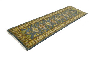 Blue Geometric 2'8X9'5 Kazak Oriental Runner Rug