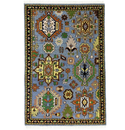 Blue-gay Geometric 4X6 Heriz Karajeh Oriental Rug