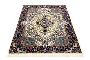 Cream & Navy Floral 4X6 Kirman Oriental Rug