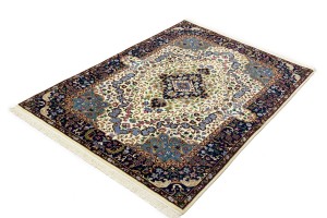 Cream & Navy Floral 4X6 Kirman Oriental Rug