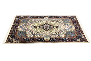 Cream & Navy Floral 4X6 Kirman Oriental Rug
