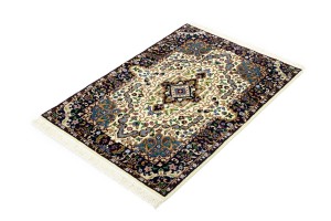 Cream & Navy Floral 3X4 Kirman Oriental Rug