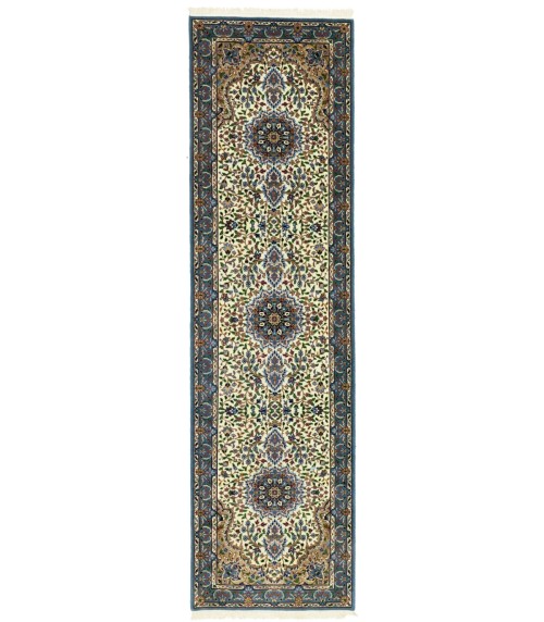 Cream & Blue Floral 2'7X9'5 Kirman Oriental Runner Rug