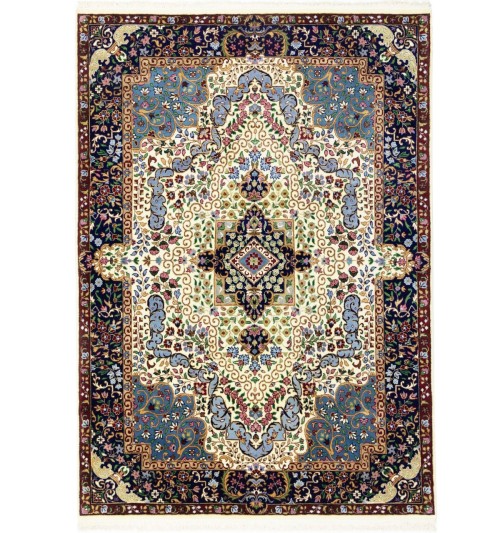 Cream & Navy Floral 5'4X7'8 Kirman Oriental Rug