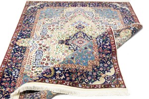 Cream & Navy Floral 5'4X7'8 Kirman Oriental Rug