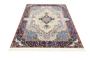 Cream & Navy Floral 5'4X7'8 Kirman Oriental Rug
