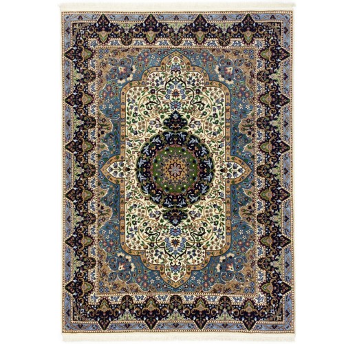 Cream & Navy Floral 6X8 Kirman Oriental Rug