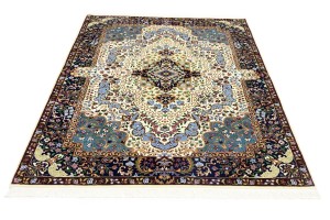 Cream & Navy Floral 5'9X7'8 Kirman Oriental Rug