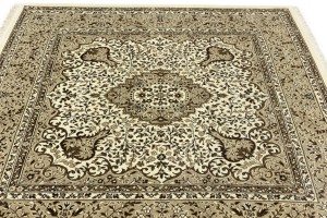 Cream Brown Floral 6X6 Kirman Oriental Square Rug