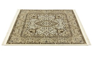 Cream Brown Floral 5X5 Kirman Oriental Square Rug