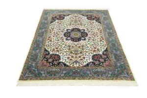 Cream & Blue Floral 5X7 Kirman Oriental Rug