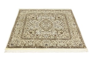 Cream Brown Floral 5X5 Kirman Oriental Square Rug