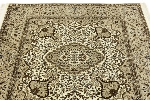 Cream Brown Floral 5X5 Kirman Oriental Square Rug